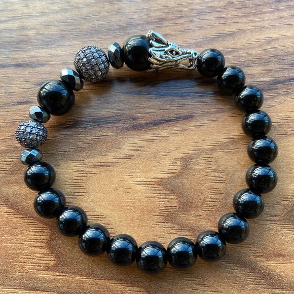 Dragon onyx bracelet . Gemstones black onyx beads cz ball & silver dragon charm - Picture 6 of 11